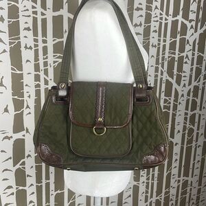 Vera Bradley Olive Green Quilted Fabric Leather Trim Shoulder Bag